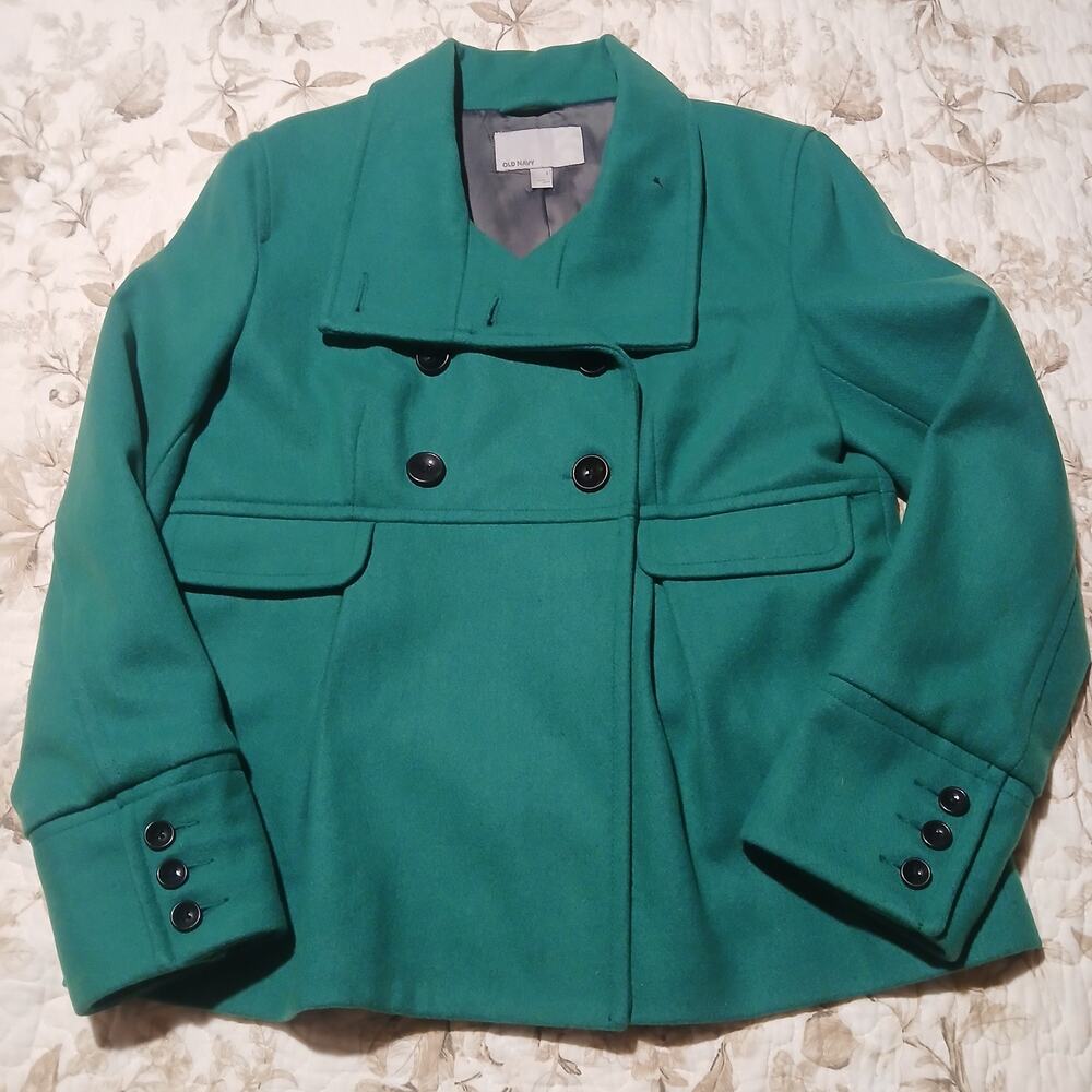 Old Navy Vintage Green Wool Blend Pea Coat Jacket Womens Large 70% Wool High...